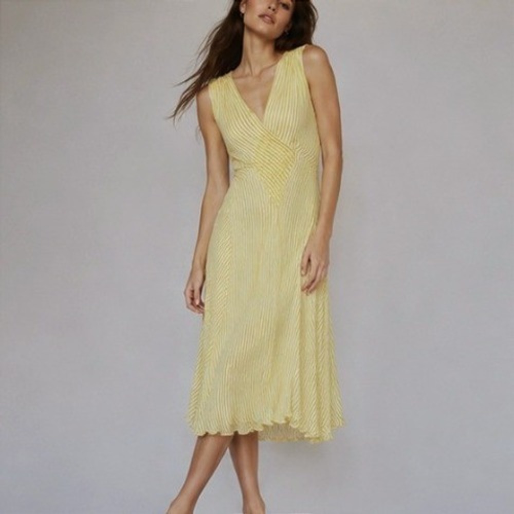 Vintage 1990s Max Azria Silk Striped Midi Dress Bias Cut 4 Yellow Glam Old Money